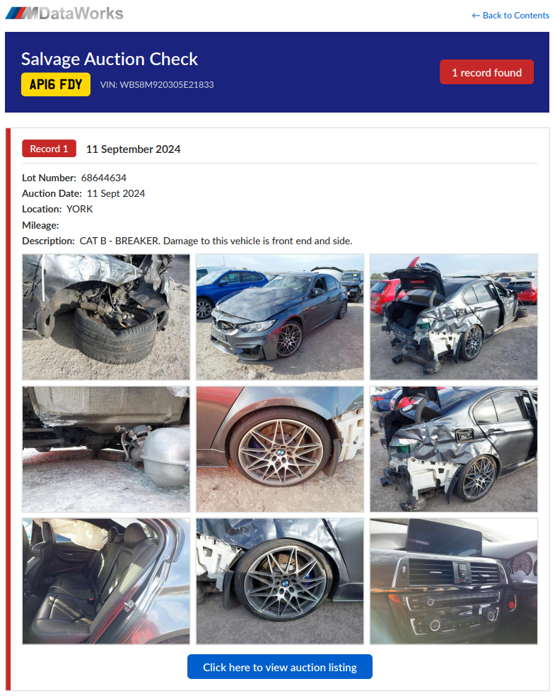 MDataWorks salvage auction page showing AP16FDY crash damage