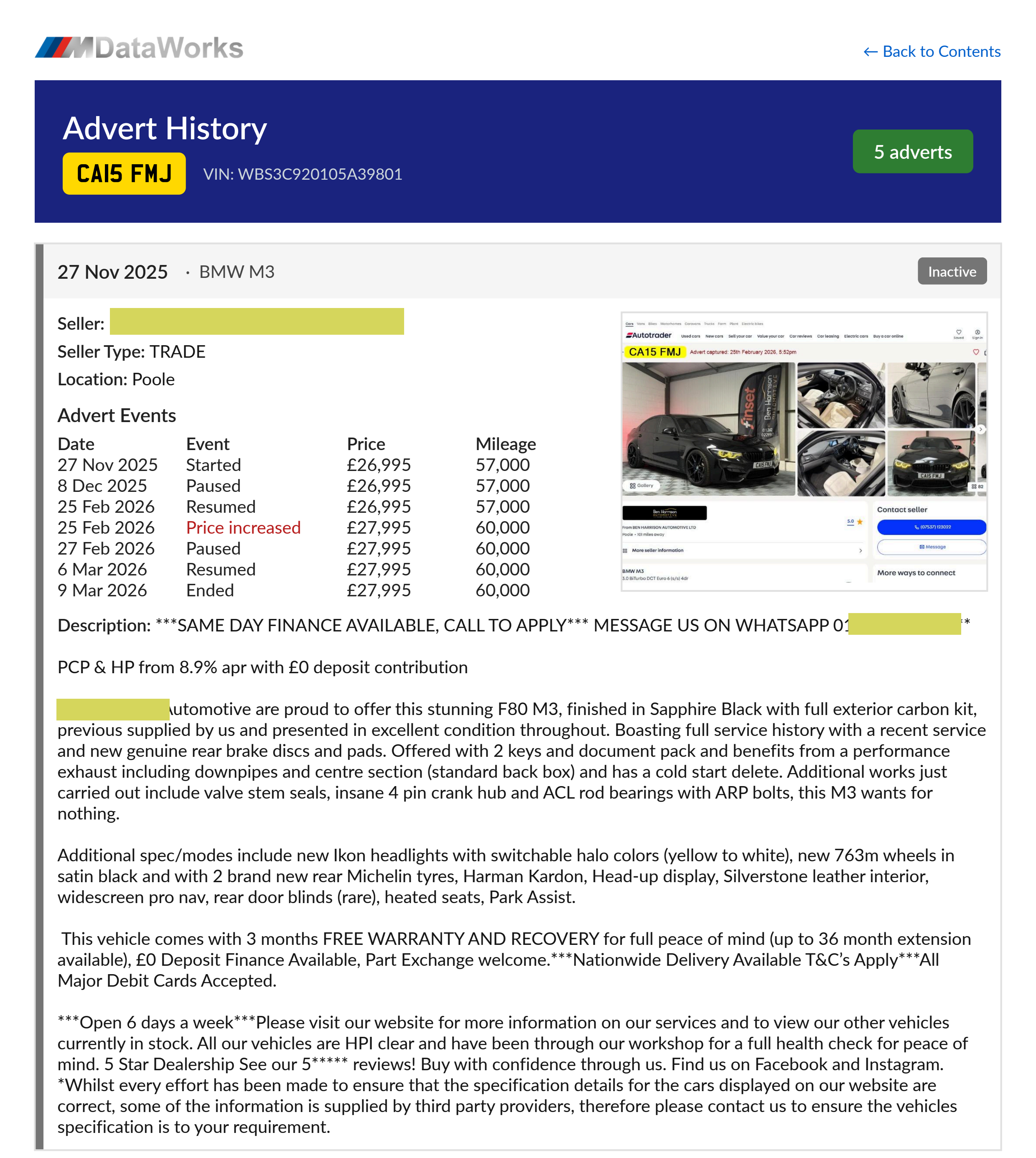 MDataWorks advert history for CA15FMJ