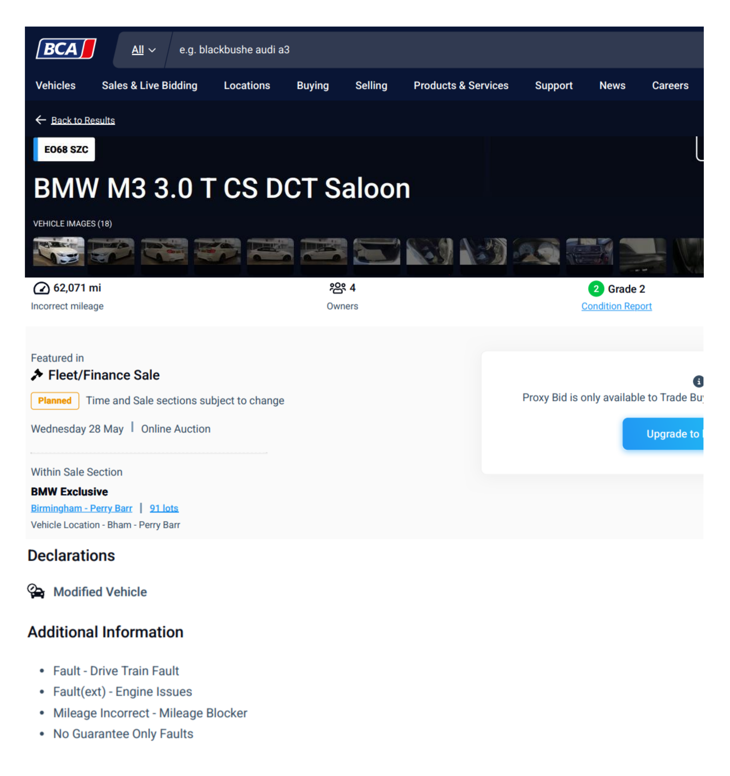 BCA auction listing confirming mileage blocker on EO68SZC