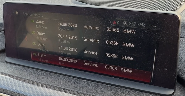 iDrive service history shown in YouTuber video